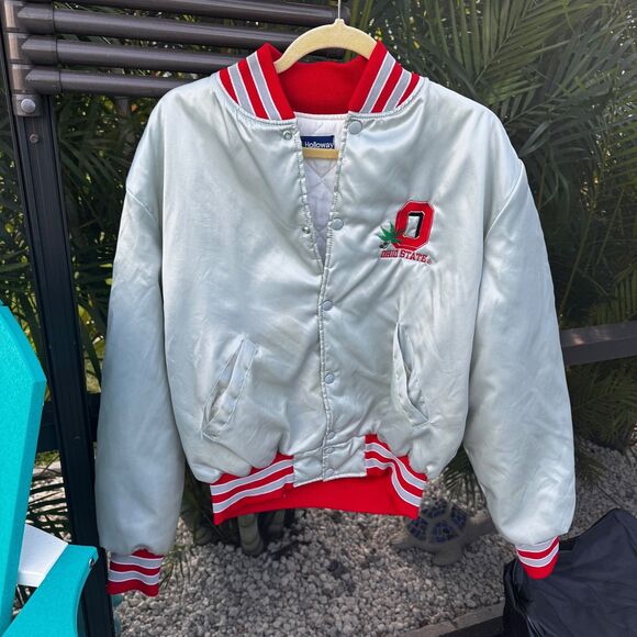 Vintage Ohio State Buckeyes Satin Holloway Snap Jacket Silver Red Mens Large - Picture 6 of 12